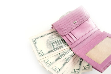 US dollars in a pink purse.Women's wallet - expenses. Copyspace. Concept budget, cash earnings.