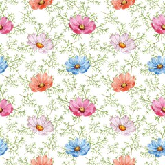 Delicate multicolored cosmea flowers with green leaves on a white background. Seamless pattern, watercolor painting