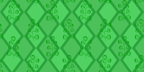Green background with rhombuses and branch. Geometric seamless pattern. Packaging design, wallpaper, template. Vector illustration.