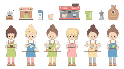 Coffee shop icons and barista characters drink serving clip art. Cartoon cute flat design set. Vector simple illustrations for business.