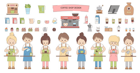 Asian style cartoon icons for coffee shop and cafe. Barista characters, waiters boys and girls and clip art set of coffee beans, machine, maker, vegan drink, cream, filter and geyser. Breakfast set.