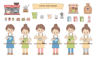 Asian style cartoon icons for coffee shop and cafe. Barista characters, waiters boys and girls and clip art set of coffee beans, machine, maker. Outline japanese flat design. Simple korean coffee bar.