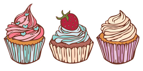 Vector illustration with collection of cupcakes colored and depicted by a line. Hand drawn isolated confections.