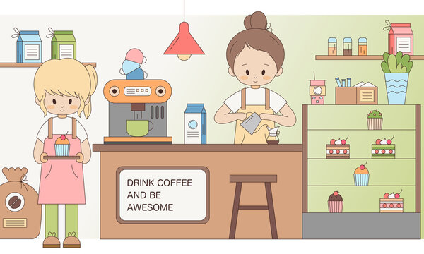 Cute barista girl characters serving drinks illustration. Part-time waiter in the interior of a coffee shop - coffee grinder, machine, milk, cupcakes, cakes. Coffee and breakfast cafe vector backdrop 