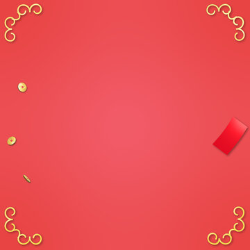 Happy Chinese New Year and 3D concept. Golden coins ,red envelopes and golden borders.Illustration.