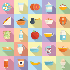 Healthy breakfast icons set flat vector. Protein food
