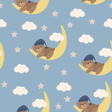 seamless pattern with cute sleeping bear cub on the moon with night blue sky with clouds and stars. the concept of children's sleep, dreams. seamless texture for wallpaper, textile, fabric