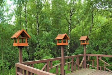 Three wooden feeders for wild birds and animals on a walking trail in Dolgiye Prudy Park in the north of Moscow.