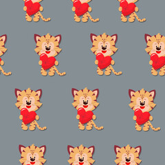 The tiger cub holds a gift in the form of a red heart. Vector pattern in a flat style.