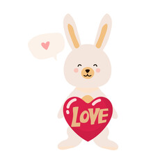 Cute bunny with heart isolated on white. Childish print for apparel, nursery, cards,posters. Vector Illustration on white background. Valentine's day