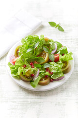 Salad with red and green Tomatoes and Pomegranate Seeds on bright wooden Background. Close up.
