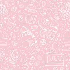 Seamless pattern with white hand drawn sweet cupcakes, cookies and candy on pastel pink background.