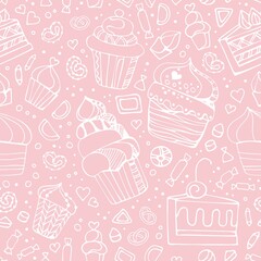 Seamless pattern with white hand drawn sweet cupcakes, cookies and candy on pastel pink background.