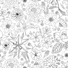 Floral seamless pattern with different hand drawn flowers and leaves. Black and white vector illustration.