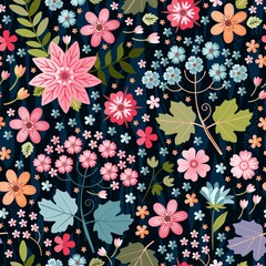 Beautiful seamless floral ornament on a complex dark background. Tiny and larger flowers and leaves form a joyful pattern for the fabric. Vector textile print.