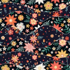Seamless patchwork pattern of wavy patches with embroidery flowers. Beautiful needlework. Vector illustration. - obrazy, fototapety, plakaty