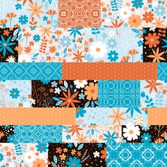Patchwork seamless pattern from patches with floral, lace and polka dot ornaments. Quilt design.