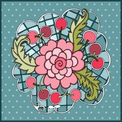 Square pattern with beautiful pink flower, green leaves and cherry berries on polka dot background. Cute print for napkin, doily.