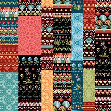 Patchwork pattern. Seamless vector design from colorful patches with floral and lace ornaments. Ethnic print for fabric.