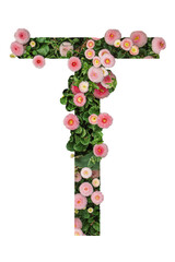 Letter T made of real natural flowers and leaves. Flower font concept. Unique collection of letters...