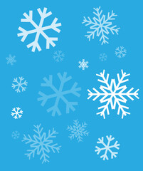 Fototapeta na wymiar White snowflakes of varying opacity and size (blue rectangle in background for visibility)