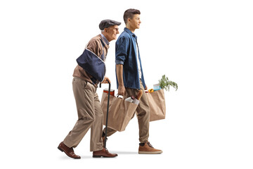 Guy and elderly man with shopping bags