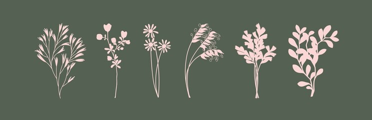 Plant silhouettes. Bouquets of different branches, herbs and flowers. Set of vector design elements. Trendy minimalistic art
