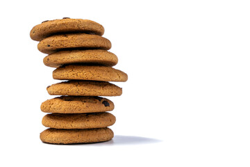 Fototapeta na wymiar stack of oatmeal cookies, balanced isolated on a white background, breakfast, light snack