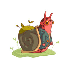 Isolated cartoon snail, vector illustration. Calm humanized garden snail with grassy shell wearing a jacket. Anthropomorphic snail. Funny escargot.