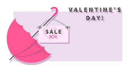 Valentines Sales. Horizontal poster with umbrella. Promotional offer concept with umbrella and favorable discounts. Promotion and shopping template for valentines day. Vector illustration