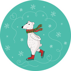 The white polar bear is skating. Polar Bear Day. Cartoon Arctic animal in a scarf. Vector illustration with isolated background.