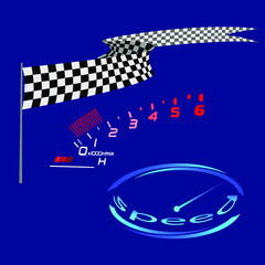illustration with a stylized image of a car speedometer and a checkered flag for designing illustrations and interiors on an auto racing theme