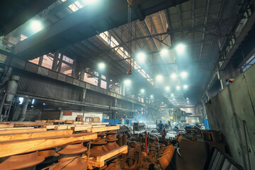 Interior of big industrial metallurgy factory building. Modern industrial enterprise.