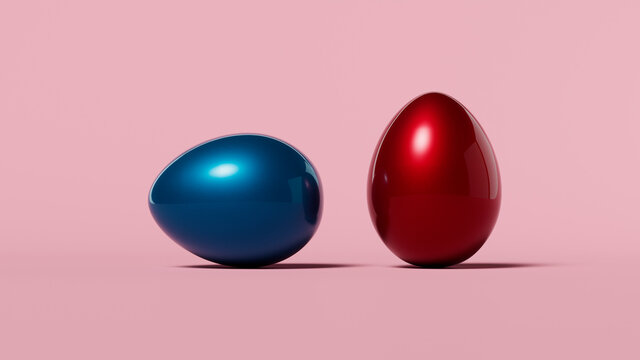 3D rendering, two red and blue eggs on a pink background, banner, space for text, wallpaper