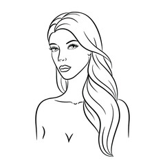 Beautiful fashion woman with long hair, isolated on white background, vector sketch illustration. Female line portrait for beauty salon, wellness center, cosmetics, spa 