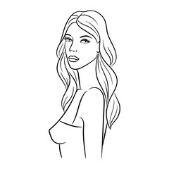 Beautiful fashion woman with long hair, isolated on white background, vector sketch illustration. Female line portrait for beauty salon, wellness center, cosmetics, spa 