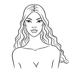 Beautiful African American fashion woman with long wavy hair, isolated on white background, vector sketch illustration. Female line portrait for beauty salon, wellness center, cosmetics, spa 