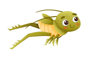 Cute green grasshopper jumping. Funny baby insect mascot cartoon character vector illustration