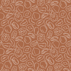 Nut bundle pattern. Doodle vector food sketch set. Walnut, hazelnut, almond and macadamia. Peanut, cashew and cola nut, pistachios, brazil nut and pecan