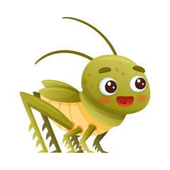 Cute green grasshopper. Funny smiling insect cartoon character vector illustration