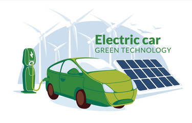 refueling for electric vehicles with solar panel. Green energy concept. Electro car or gybrid on the windmill turbines background. Flat vector illustration