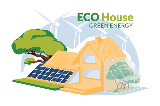 eco house with solar panels, windmill turbines  and green house concept. web icon and infographic. Recycle and renewble enerrgy home concept. Flat vector iluustration