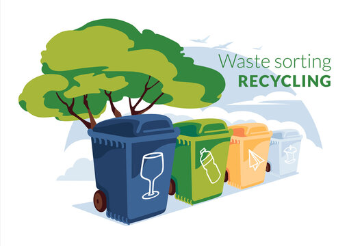 four refuse bins for different types of garbage: paper, glass, plastic, organic on the clean nature. Garbage sorting, recycling and clean environment  concept. Flat vector illustration