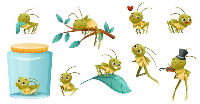 Cute little grasshopper doing various activities set. Funny baby insect cartoon character vector illustration