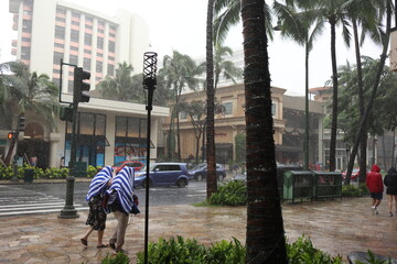 Heavy rain in Waikiki, Kalakaua Avenue