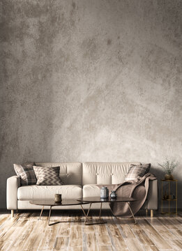 Interior design of modern room, beige sofa in living room, concrete stucco mock up wall, home design 3d rendering