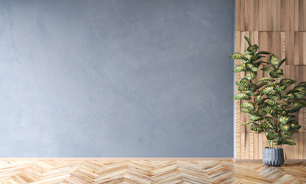 Interior background of room with empty blue stucco wall and pot with plant 3d rendering