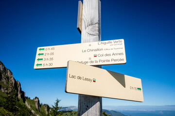 Hiking direction sign in the Grand-Bornand, France
