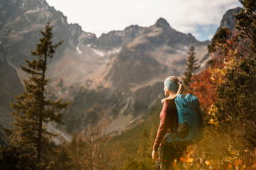  Young traveler hiking girl with backpacks. Hiking in mountains. Sunny landscape. Tourist traveler...