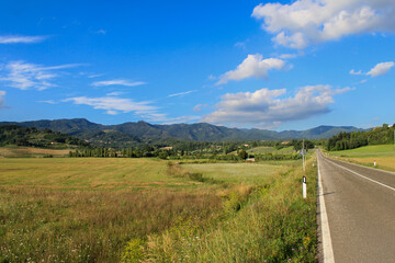 On the way to the summits of the green mountains. A landscape with the green countryside under the sun and a straight road leading towards a mountain range. The sky is blue with a few clouds.